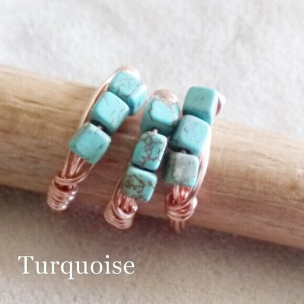 Genuine Turquoise Cubes + Copper Wire Rings! Slim & Rustic Everyday Wear Rings!